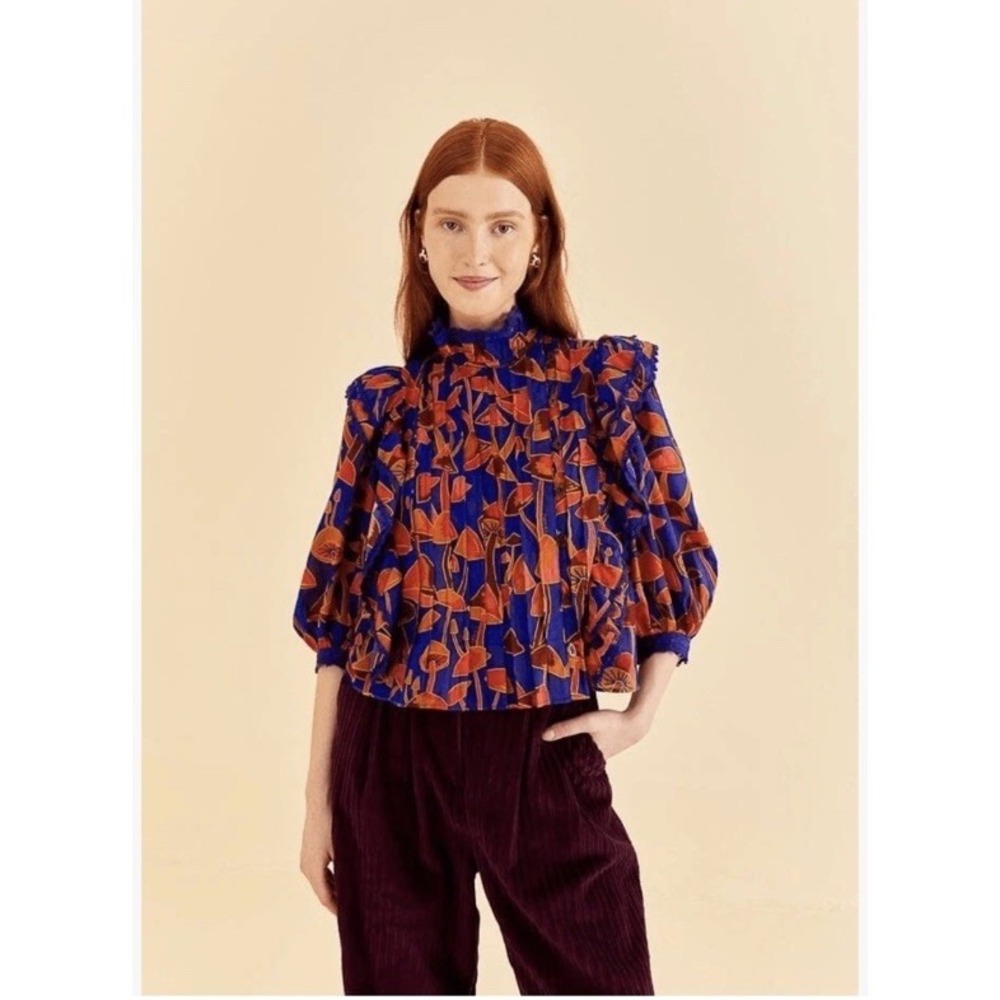 Farm Rio Bright Blue Mushroom Sketch Blouse Buttons M NEW Statement